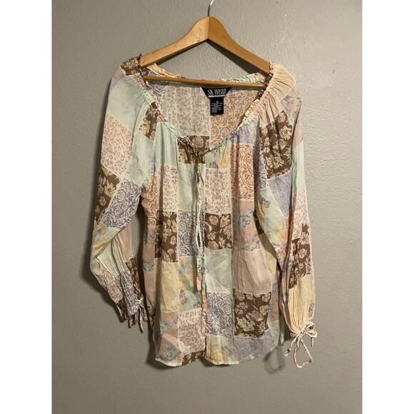 Vintage Womens Tunic Medium Petite Patchwork Floral Sheer Peasant Hippie Boho - Picture 1 of 7